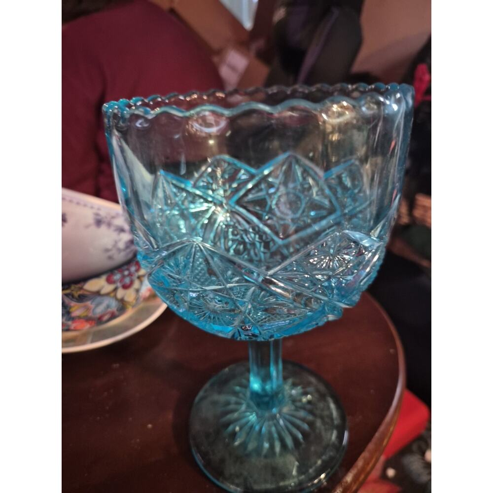 Vintage Vikiing Blue Glass Compote with Hobstar Pattern And Scalloped Rim...